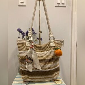 Luxy Crochet Striped Tote Bag in Tan and Cream